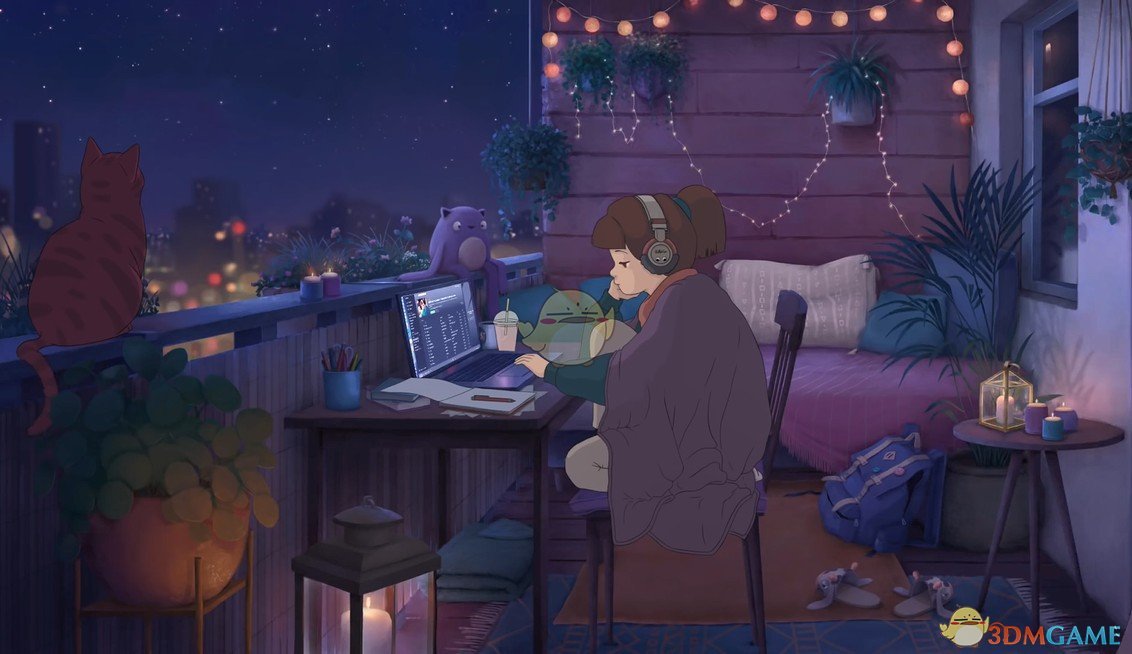 《Wallpaper Engine》夜晚阳台听音乐的少女动画壁纸