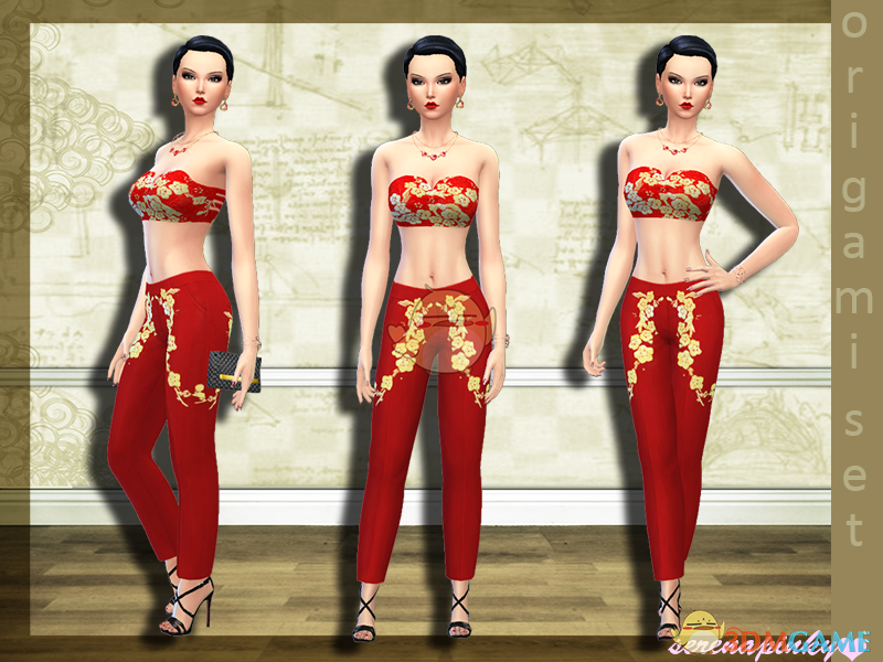 《模拟人生4》大红色金色花朵服装MOD