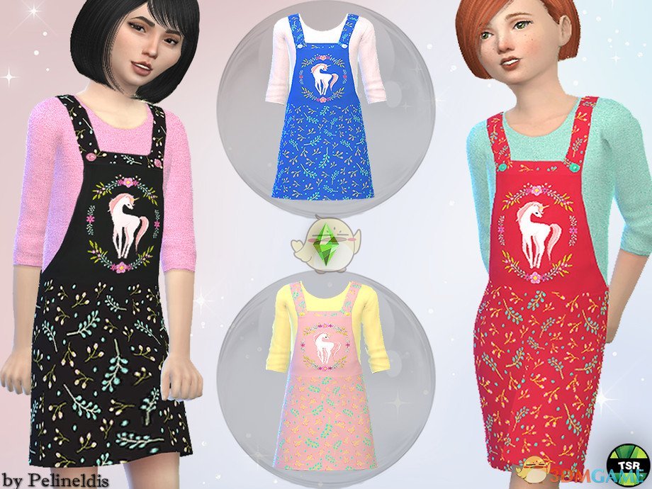 《模拟人生4》女孩独角兽绿树枝吊带连衣裙MOD