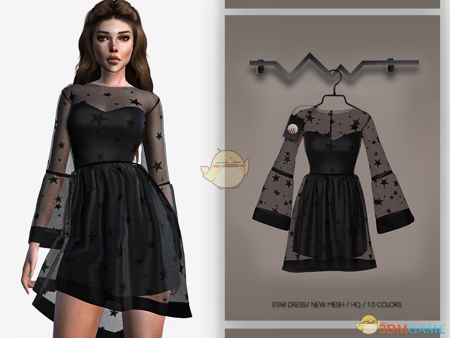 《模拟人生4》黑色星星褶皱透明连衣裙MOD