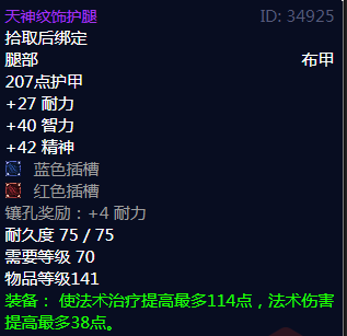 《魔兽世界》天神纹饰护腿属性