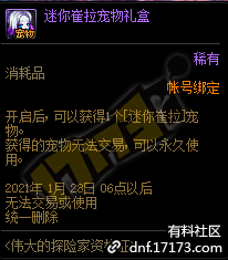 DNF迷你崔拉宠物礼盒能开出什么