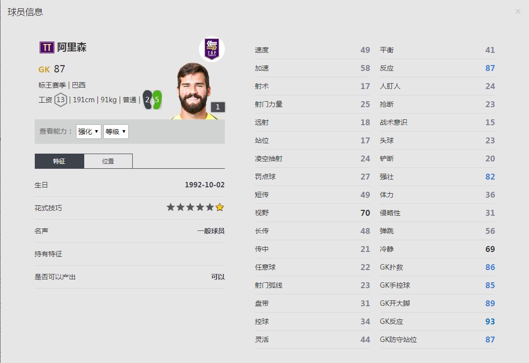 《FIFA online4》阿里森球员信息