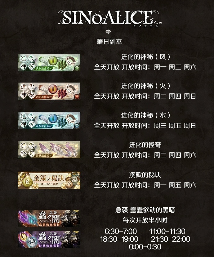 《死亡爱丽丝》每日材料本时间表