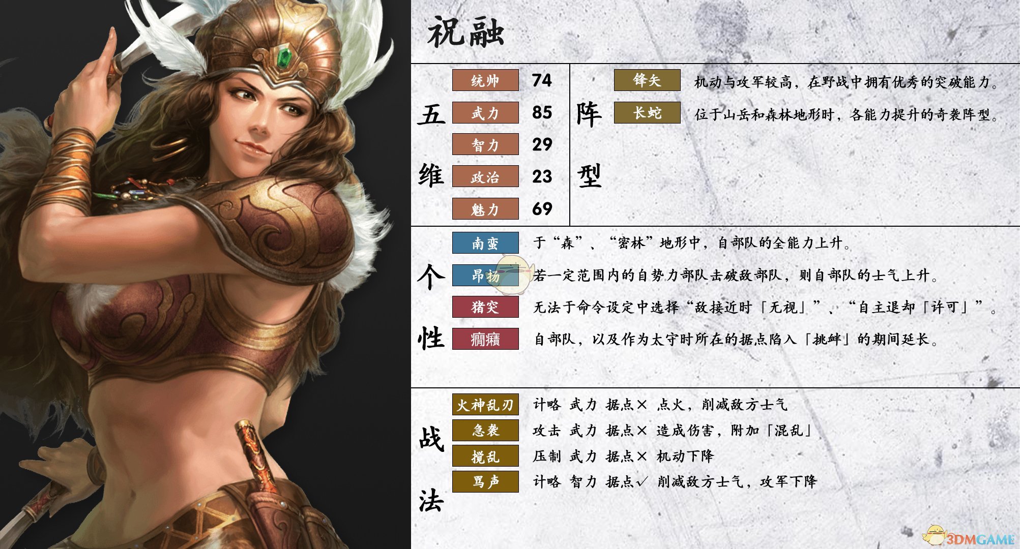《三国志14》祝融属性个性一览
