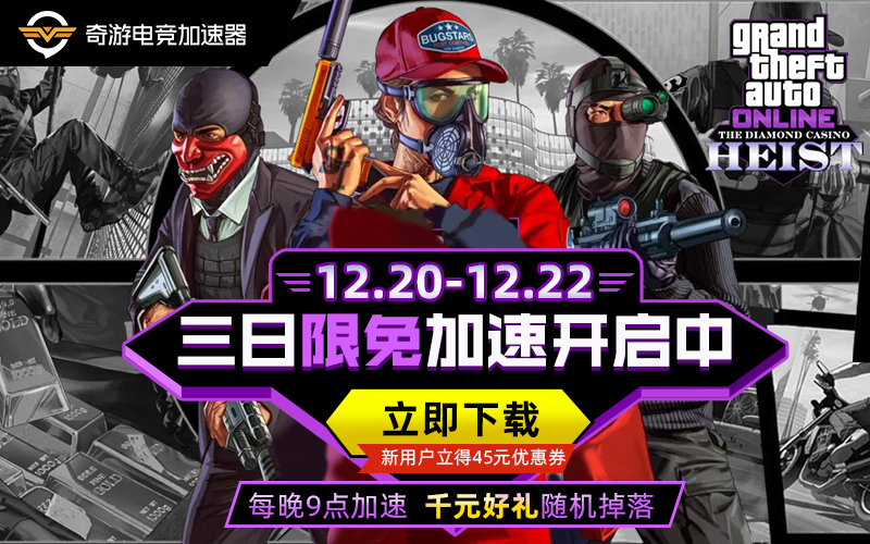 GTA5加速器：奇游12.20-12.22开启限免加速 每晚9点千元好礼随机掉落