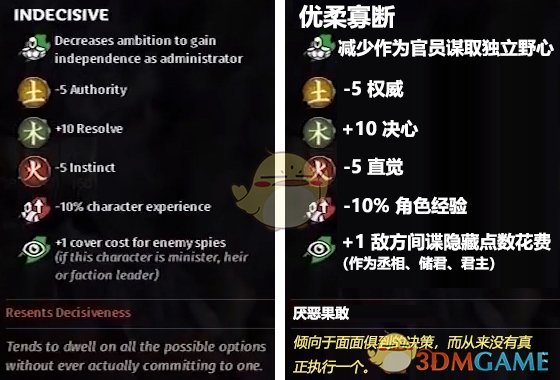 《全面战争：三国》优柔寡断特性效果一览