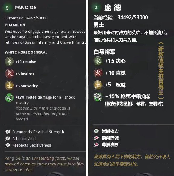 《全面战争：三国》木属性武将庞德先天属性一览